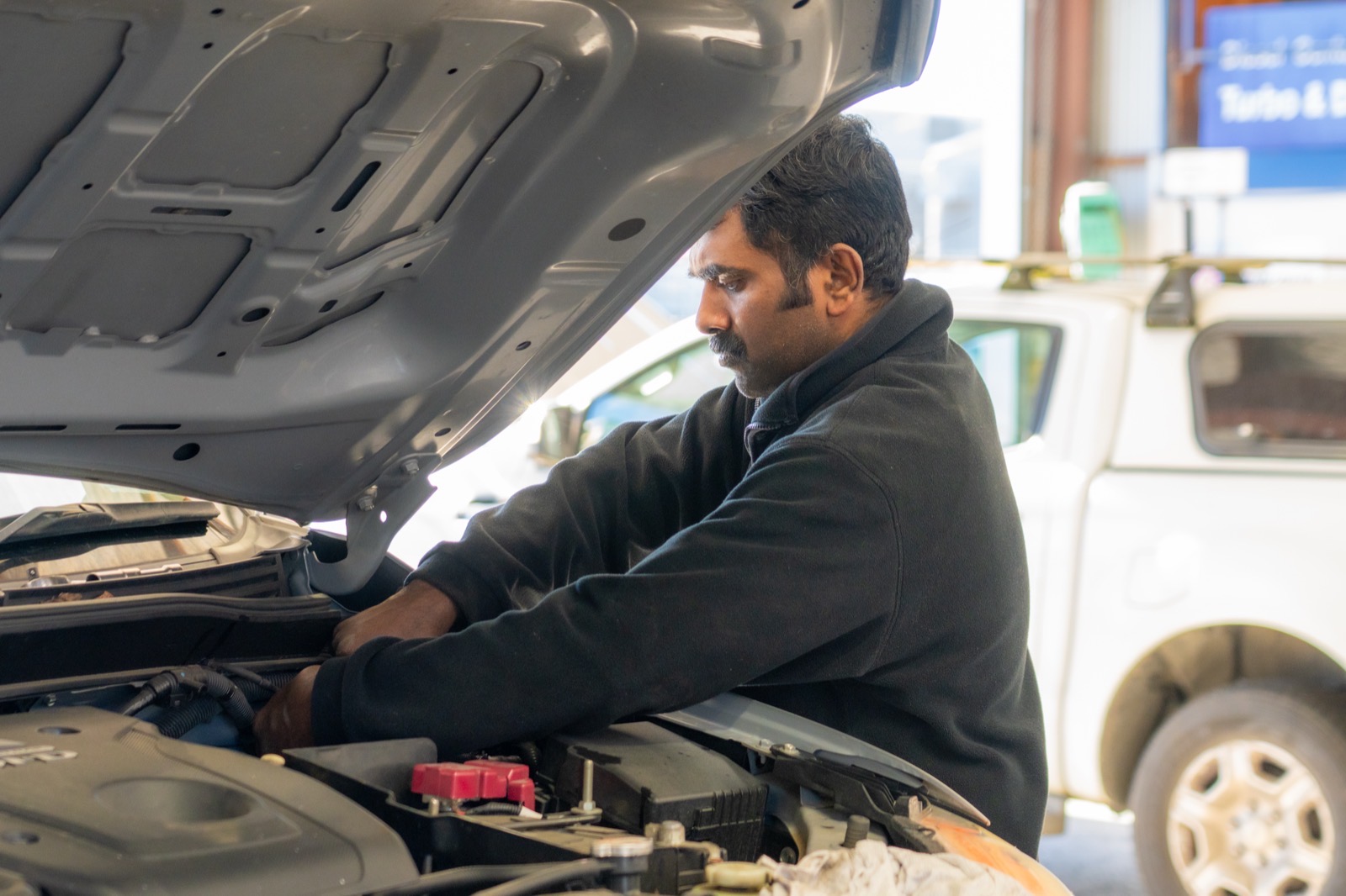 Inside the Turbo & Diesel workshop on Kahikatea Drive, Frankton, where Mazda vehicles are serviced.
